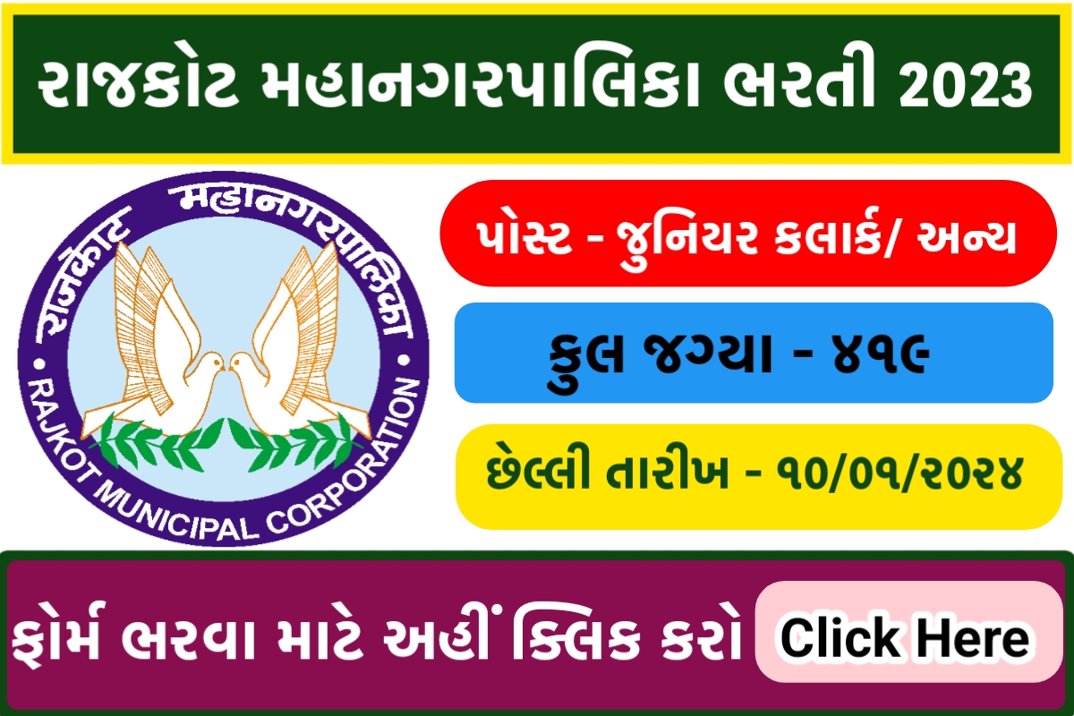 RMC Recruitment 2023: The Rajkot Municipal Corporation (RMC) released the RMC Junior Clerk Notification on 21st December 2023 for the Junior Clerk and other posts. A total of 219 vacancies have been released